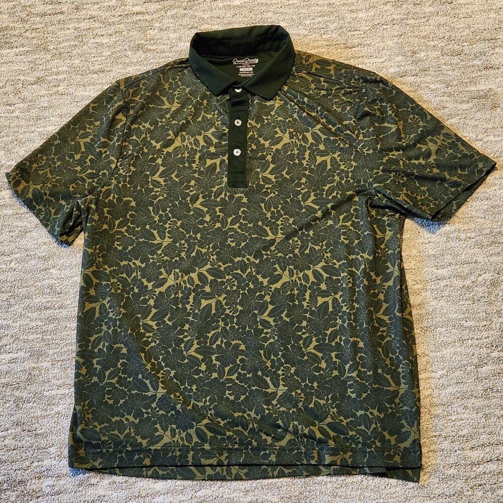 Good Good Polo Shirt Mens Medium Green Floral Golf Performance Stretch Tagless